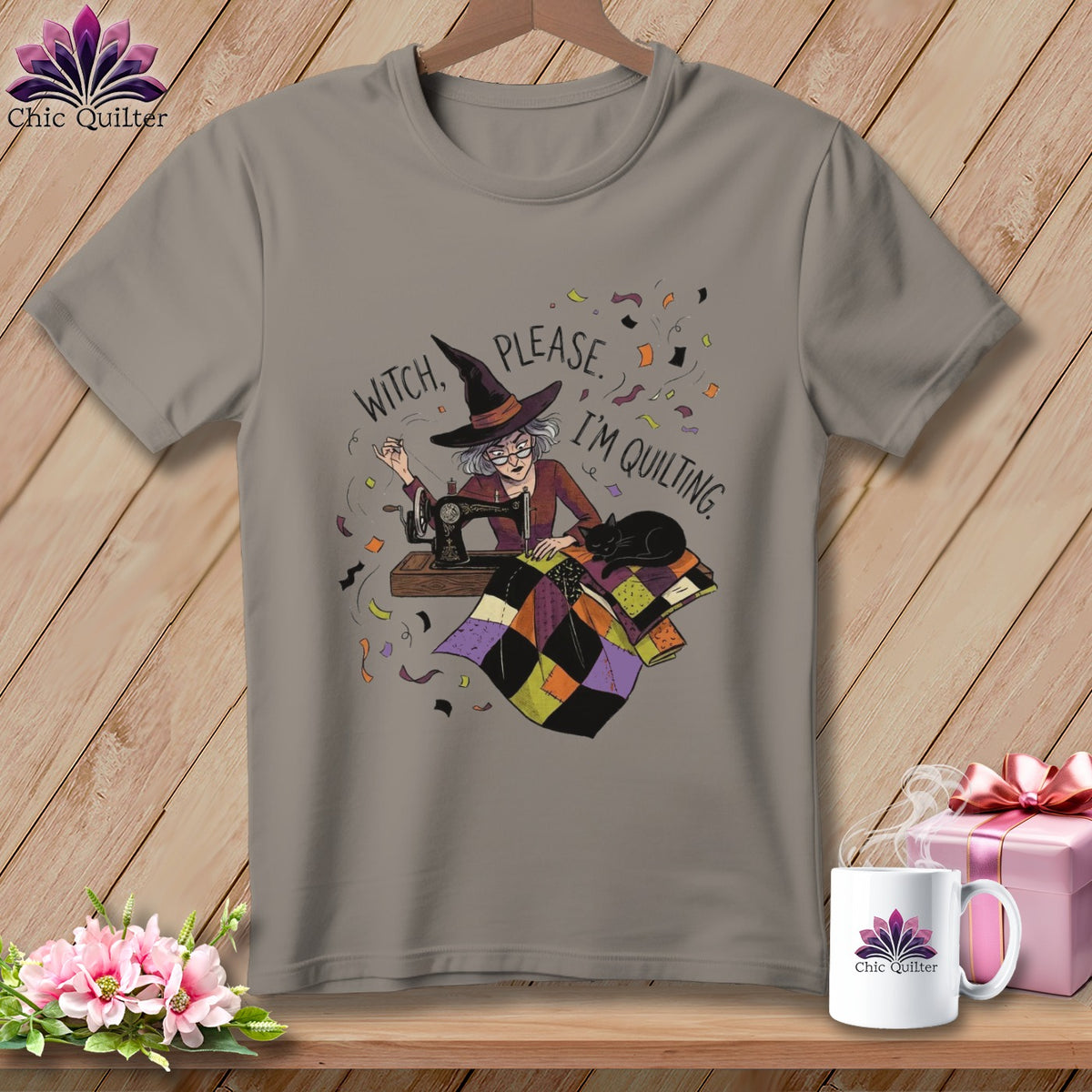 T-shirt with a witch and cat quilting, reading "Witch, please. I'm quilting."