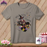 T-shirt with a witch and cat quilting, reading 