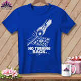Blue t-shirt with rotary cutter, ruler, and floral fabric graphic and text 