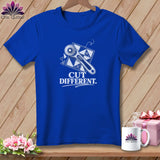 Royal blue t-shirt with rotary cutter and quilt square graphic, text reads 
