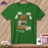 Jack-o'-lantern using sewing machine, with ghosts and text 
