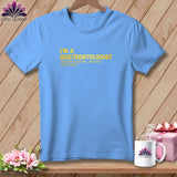 Light blue t-shirt with yellow text: 