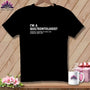 Black t-shirt with white text: "I'M A QUILTEONTOLOGIST CURRENTLY WRAPPED IN FABRIC AND LIVING MY BEST LIFE."