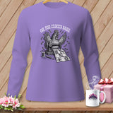 Long sleeve purple shirt with a chicken sewing a quilt and the text 