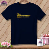 Navy t-shirt with yellow text: 