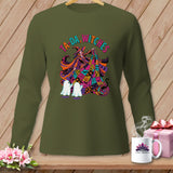 Green long-sleeve shirt with a witch, ghosts, and 