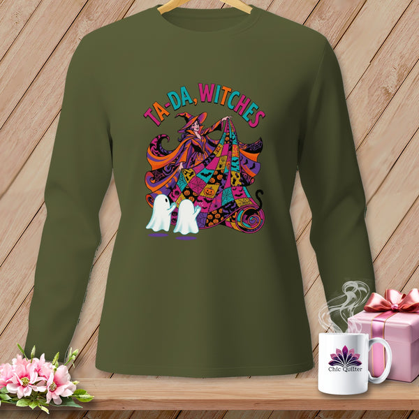 Green long-sleeve shirt with a witch, ghosts, and "Ta-da, Witches" graphic.