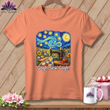 Peach t-shirt with a Van Gogh-inspired starry night sewing scene and 