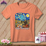 Peach t-shirt with a Van Gogh-inspired starry night sewing scene and "Gogh, Sew, Gogh!" text.