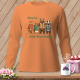 Orange shirt with a fox, squirrel, bear, and badger wearing sweaters, text reads 