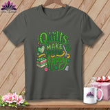 Charcoal gray t-shirt featuring green graphic text that reads Quilts Make People Happy with sewing-themed illustrations.