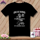 Black t-shirt with an owl ironing a quilt, text reads 