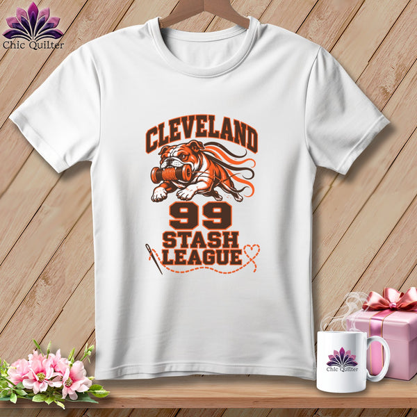 White crewneck t-shirt featuring a Cleveland Stash League graphic with a bulldog holding a spool of thread.