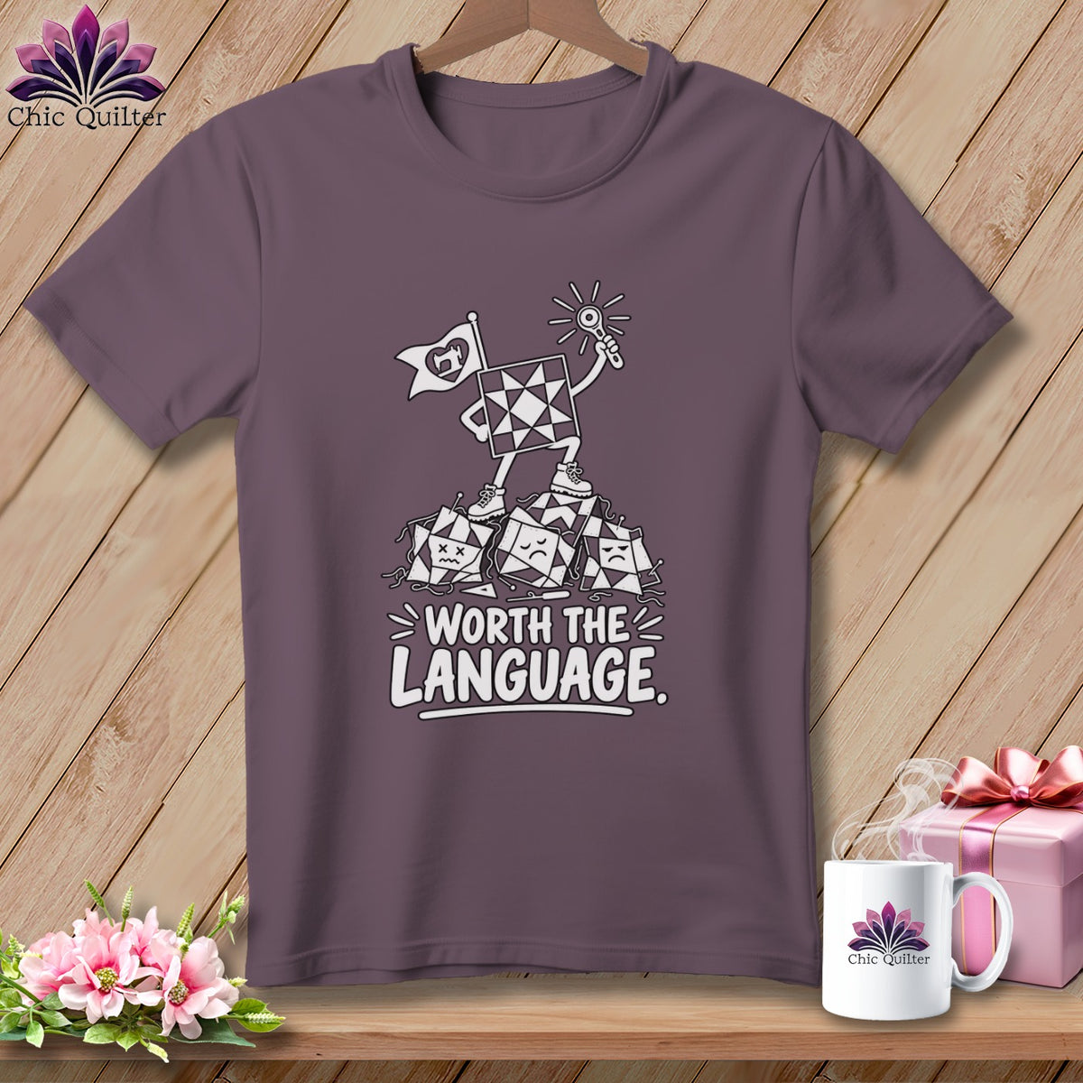 T-shirt with cartoon quilting squares, "Worth the Language" text, and Chic Quilter logo.