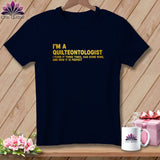 Navy t-shirt with yellow text: 