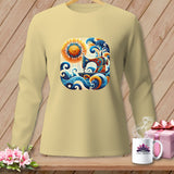 Long-sleeve shirt featuring a sewing machine graphic with sun and waves, and 