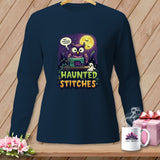 Long sleeve navy shirt with owl, sewing machine, and 
