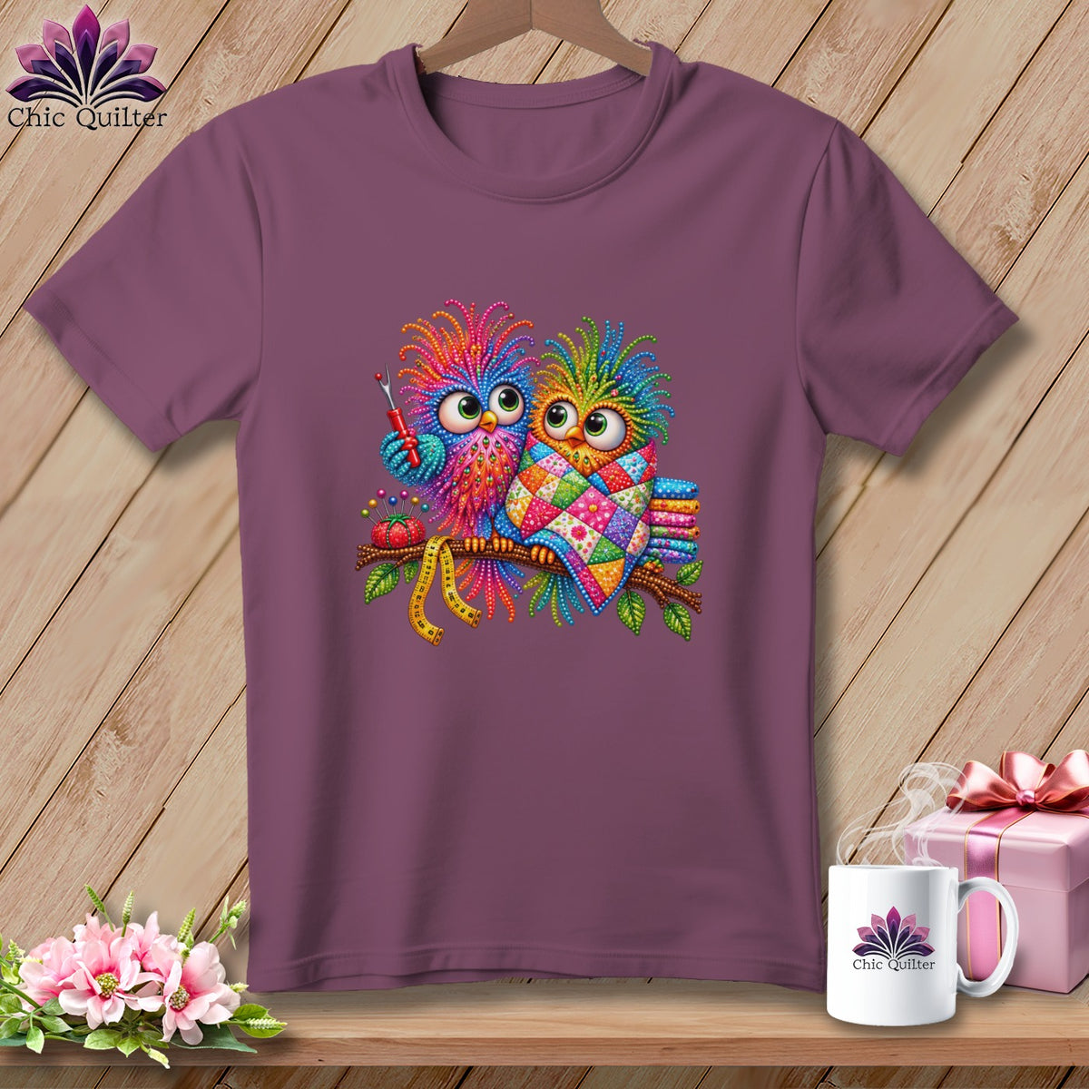 A purple t-shirt featuring a colorful graphic of two whimsical owls perched on a branch with sewing accessories.