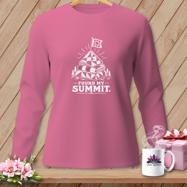 Pink long-sleeve shirt with "Found My Summit" graphic and quilt flag.