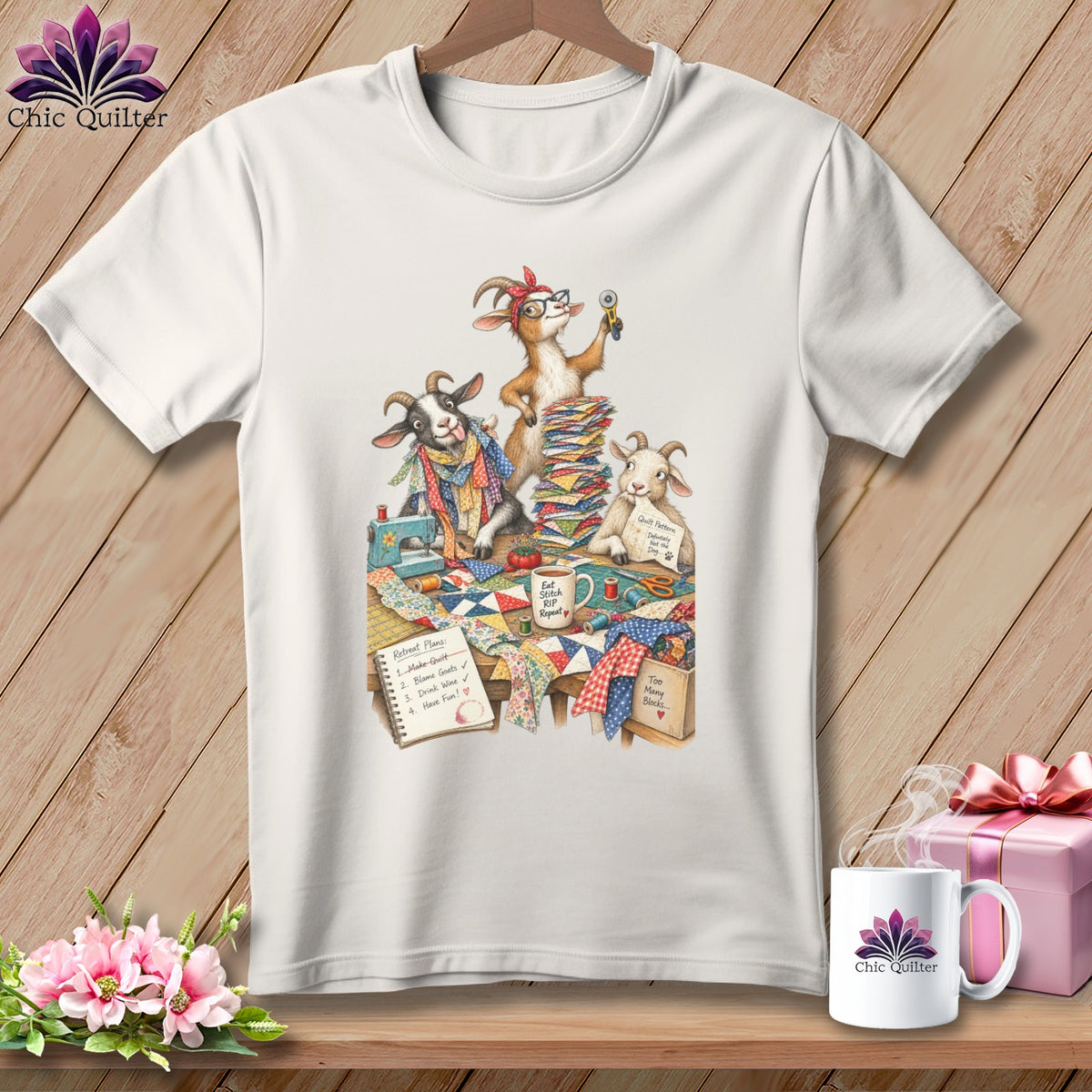 Three goats are quilting with fabric, a sewing machine, and supplies.