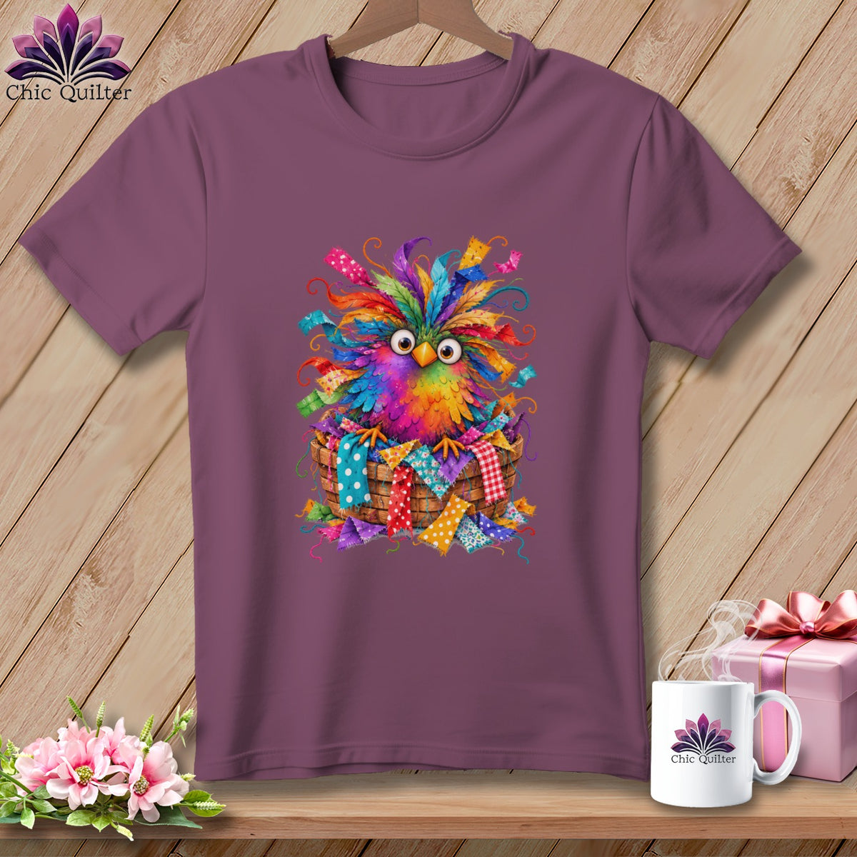 A purple t-shirt featuring a colorful, whimsical bird sitting in a basket of fabric scraps.