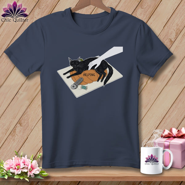 Black cat sitting on a pumpkin with the word HELPING and sewing notions.