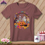T-shirt with Halloween quilting theme featuring a witch, skeleton, mummy, and pumpkins.