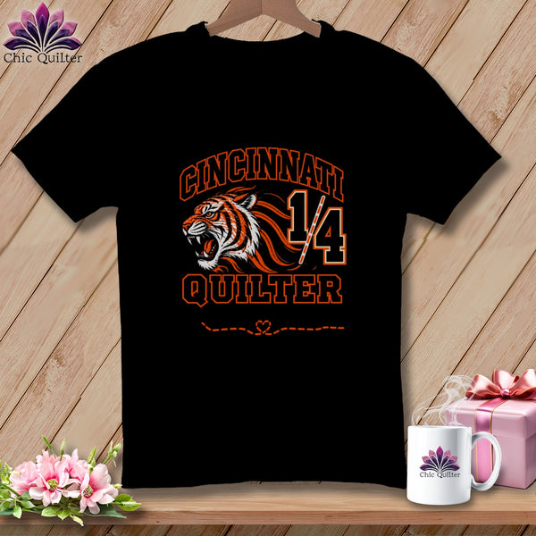 Black t-shirt featuring a tiger graphic, the text Cincinnati Quilter, and the number 14.