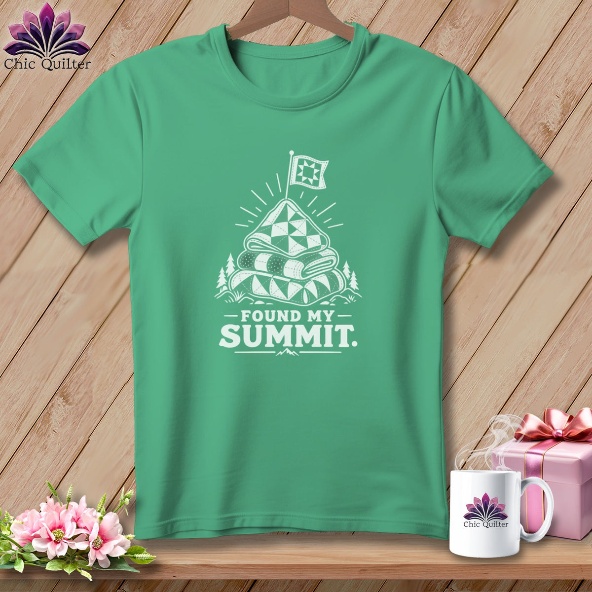 Green t-shirt with "Found My Summit" graphic featuring quilts and a flag.