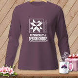 Purple long-sleeve shirt with white quilt block, ruler, and text.