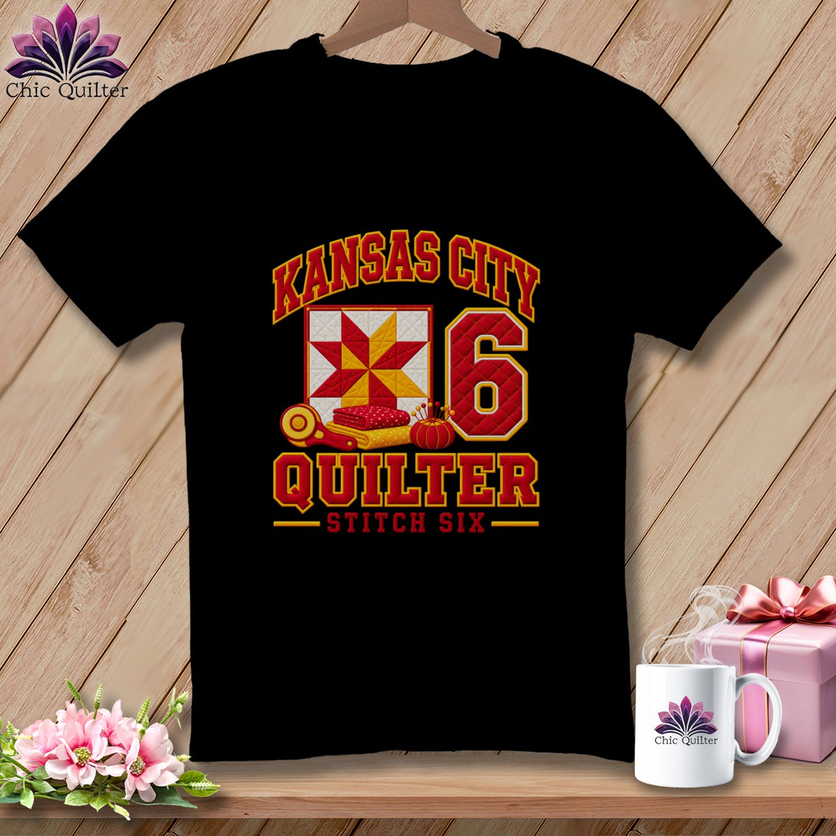 Black t-shirt featuring Kansas City Quilter Stitch Six text, a quilt block, and sewing accessories.