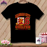 Black t-shirt featuring Kansas City Quilter Stitch Six text, a quilt block, and sewing accessories.