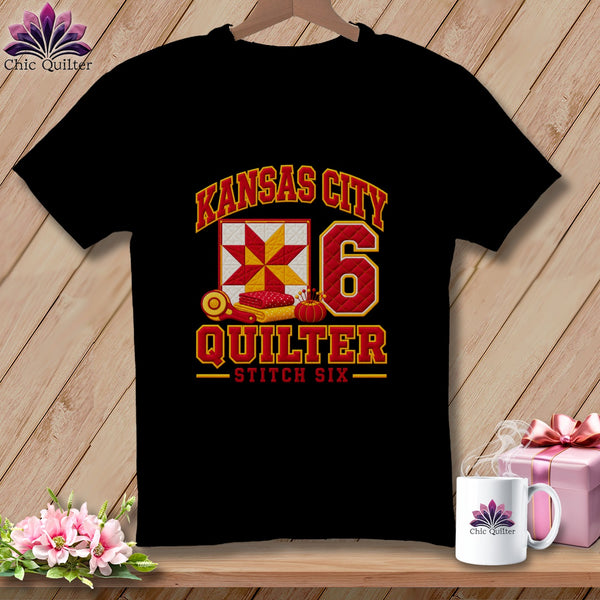 Black t-shirt featuring Kansas City Quilter Stitch Six text, a quilt block, and sewing accessories.