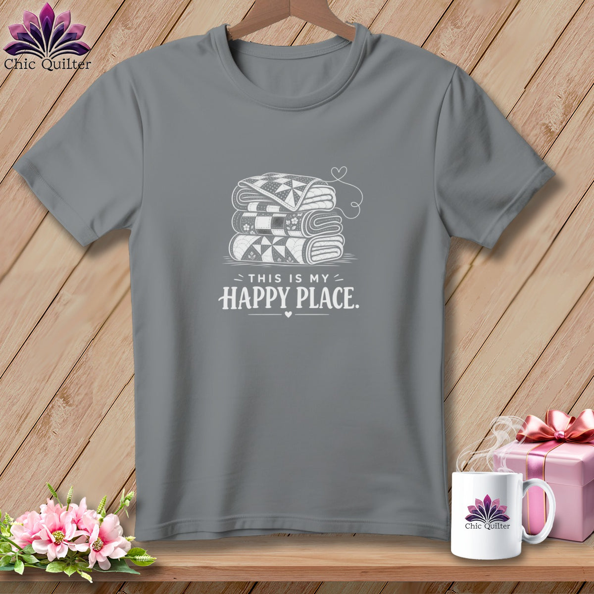 Gray t-shirt with stacked quilts graphic and "This is my happy place" text.