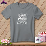 Gray t-shirt with stacked quilts graphic and 