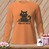 Orange long-sleeve shirt with cartoon black cat tangled in yarn and text 