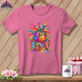 Pink t-shirt featuring a graphic of a colorful, wide-eyed bird sitting in a basket.