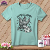 T-shirt with chicken sewing a quilt, text 