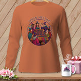 Witches gathered around a table sewing a quilt with text 
