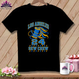 A black crewneck t-shirt featuring a blue and yellow graphic with the text Los Angeles 24 Sew Crew.