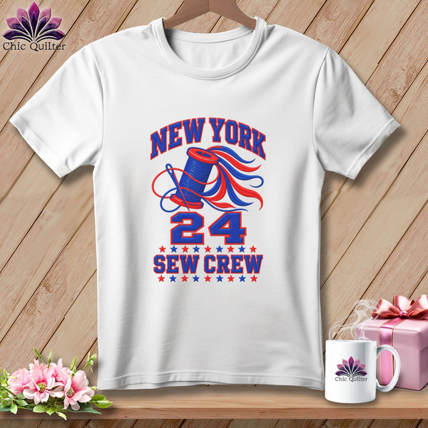 A white t-shirt features a red, white, and blue design with the text NEW YORK 24 SEW CREW.