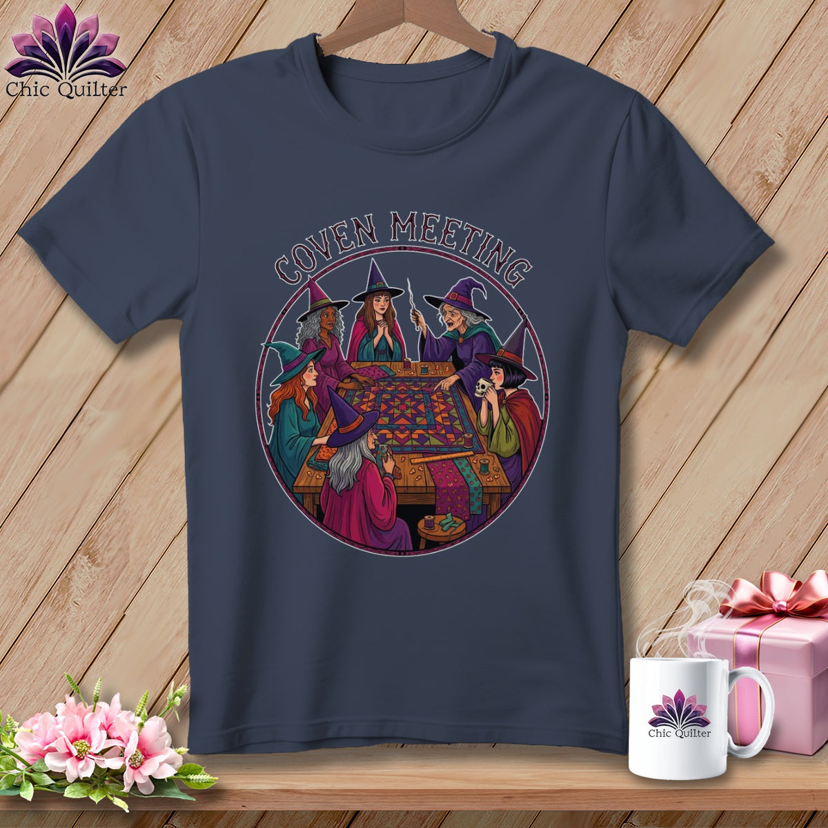 Witches meeting around a table with a quilt, text reads "Coven Meeting".
