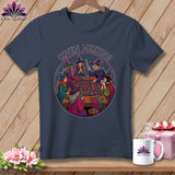 Witches meeting around a table with a quilt, text reads 