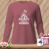 Long-sleeve shirt with white graphic of stacked quilts, flag, and text 