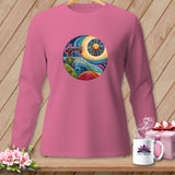 Pink long-sleeve shirt with a circular sewing machine and landscape graphic.
