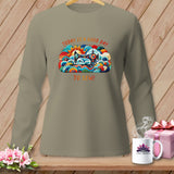 Long-sleeve shirt with a colorful sewing machine graphic and 