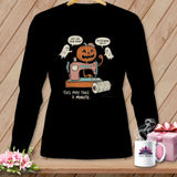 Black t-shirt with cartoon of jack-o-lantern sewing with ghosts, 