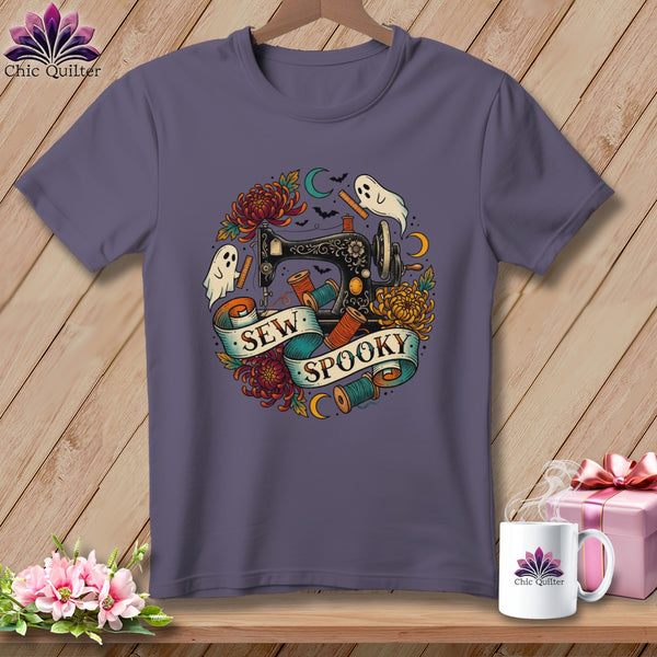 Purple t-shirt with vintage sewing machine, ghosts, and "Sew Spooky" text.