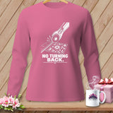 Pink long sleeve shirt with white graphic and text 