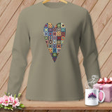 Long-sleeve shirt with a colorful patchwork heart graphic, 